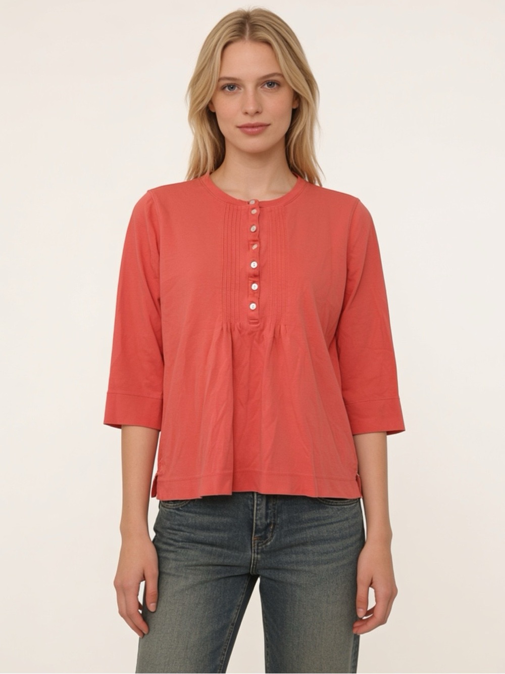 L.L.Bean Coral Supima Cotton Pintuck Henley 3/4 Sleeve Top XS
